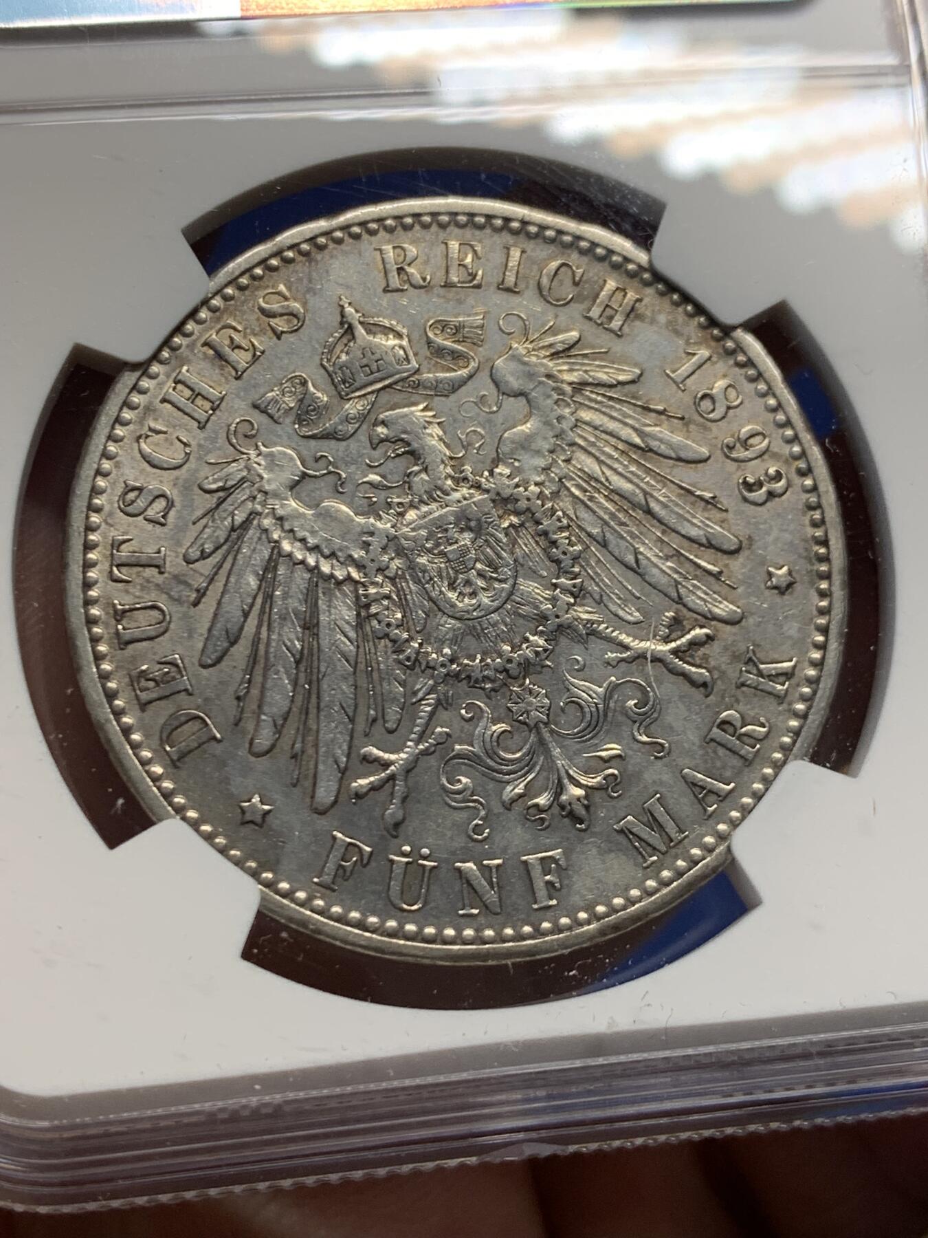 《竞宝斋》第435场 周日，周一2场连拍 （全场包邮） NGC AUD 德国 巴伐利亚 1893年 奥托一世 5马克 银币