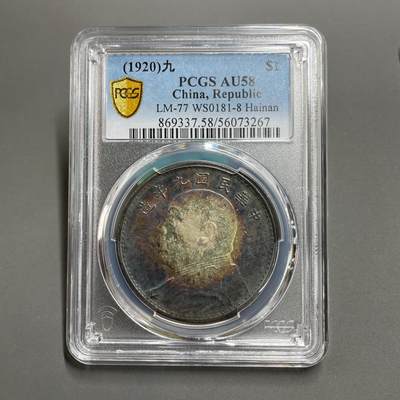 日本大阪雅和auction 2025金秋競賣會第一期 - PCGS鑒定中華民國9年，海南版，壹元AU58 保真，/返品不可