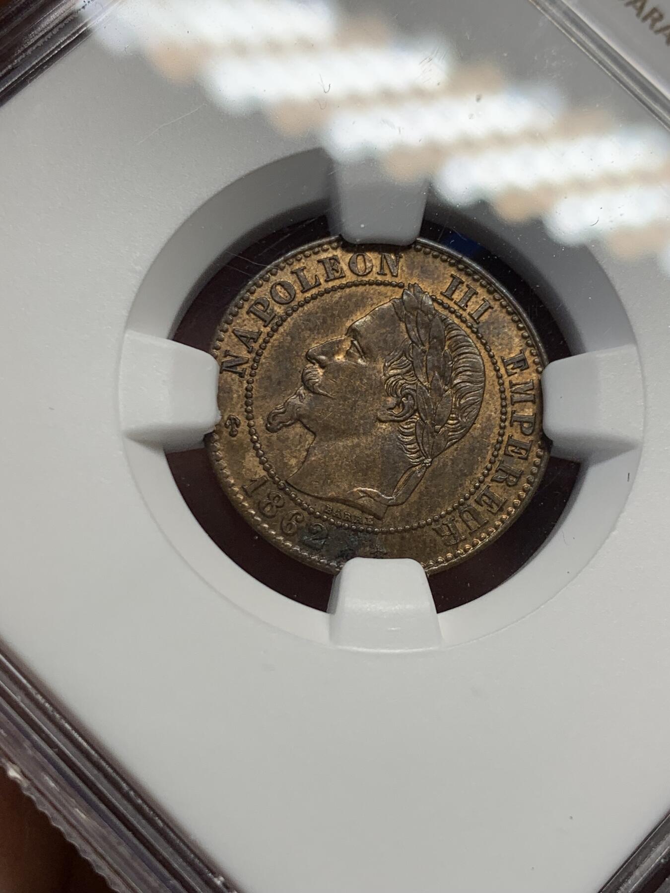 《竞宝斋》第435场 周日，周一2场连拍 （全场包邮） NGC MS62RB 1862年法国拿三2分铜币 稀少