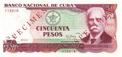 小福收藏拍卖第197期 裸钞场 本期有多张豹子号靓号 百慕大03年50元纪念钞百位号 马来亚和英属婆罗洲开国第一张纸币大冠女王 马来亚 41年1元英王乔六 法属太平洋10000法郎 捷克1000克朗纪念钞千位号  卢森堡 1000法郎  萨尔瓦多样钞 匈牙利 法罗群岛 危地马拉等多国精美纸币 - 古巴 1990年 50比索 样钞 中国代印 尾8 紫外有潮 unc