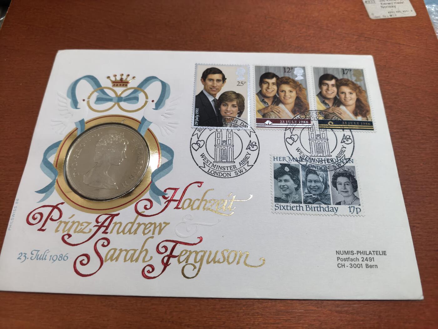 长老汇蛇年精选第七十场拍卖 1986英国安德鲁王子大婚邮币封首日封，含1枚25便士铜镍币，安德鲁王子刚被查尔斯三世开除王室