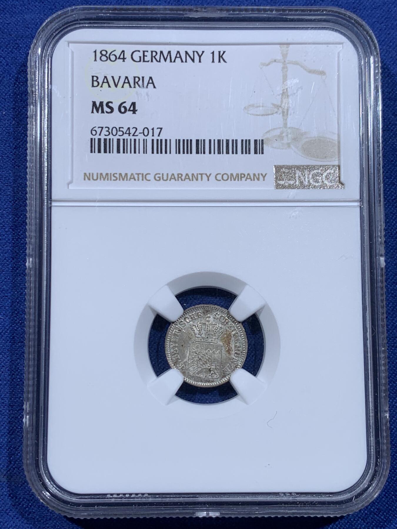 《竞宝斋》第435场 周日，周一2场连拍 （全场包邮） NGC MS64 德国巴伐利亚1864年1K银币