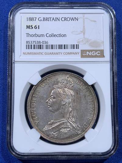 《竞宝斋》第435场 周日，周一2场连拍 （全场包邮） - NGC MS61 英国1887年维多利亚高冠马剑克朗，英国钱币名家Thorbum旧藏，双面包浆极美，适合自藏