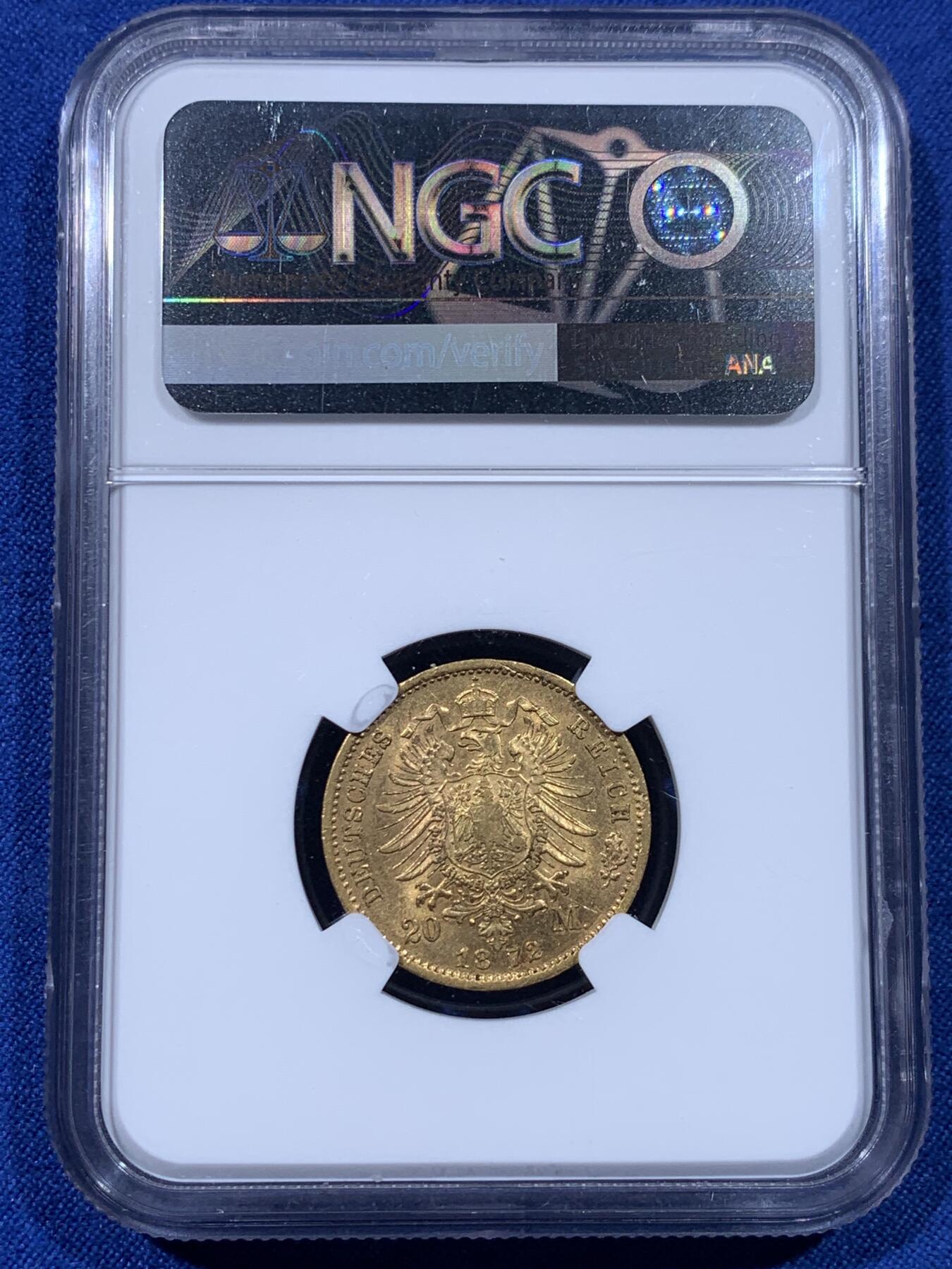 《竞宝斋》第435场 周日，周一2场连拍 （全场包邮） NGC AU58 德国萨克森1872年约翰一世 20马克金币 7.96克 900金 首年版。仅两年发行 稀少品种