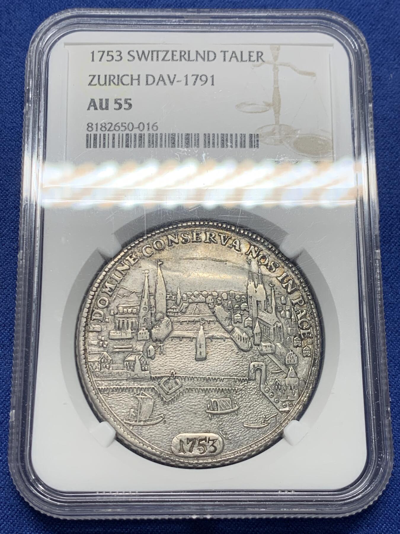 《竞宝斋》第435场 周日，周一2场连拍 （全场包邮） NGC AU55 瑞士1753年苏黎世城市景观泰勒，正面以俯视的视角展示了18世纪苏黎世的城市景观，细节出众，背面是威武的持剑狮子，季军分，更高分仅2枚，深打状态，值得珍藏