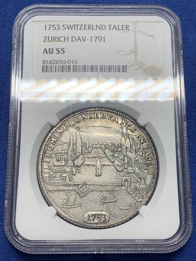 《竞宝斋》第435场 周日，周一2场连拍 （全场包邮） - NGC AU55 瑞士1753年苏黎世城市景观泰勒，正面以俯视的视角展示了18世纪苏黎世的城市景观，细节出众，背面是威武的持剑狮子，季军分，更高分仅2枚，深打状态，值得珍藏