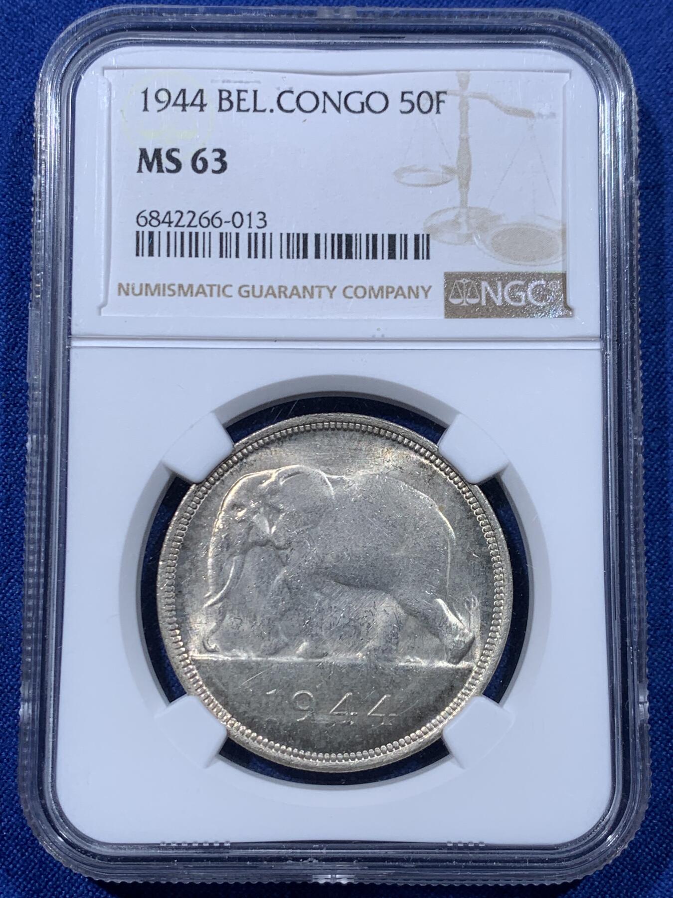 《竞宝斋》第435场 周日，周一2场连拍 （全场包邮） NGC MS63 比属刚果 1944年 大象 50法郎 非洲名誉品 深打黄油包浆 高分难得 收藏佳品