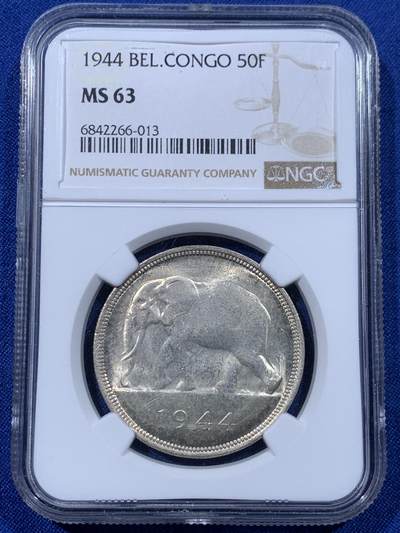 《竞宝斋》第435场 周日，周一2场连拍 （全场包邮） - NGC MS63 比属刚果 1944年 大象 50法郎 非洲名誉品 深打黄油包浆 高分难得 收藏佳品