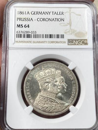 万国钱币拍卖第054期 - NGC MS64 1861德国普鲁士威廉一世加冕1泰勒 经典毛衣泰勒 高分银霜转光