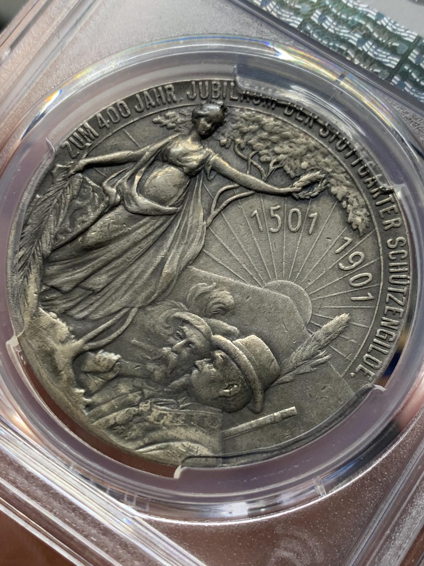 《竞宝斋》第435场 周日，周一2场连拍 （全场包邮） PCGS AU53 德国 符腾堡 1901年 斯图加特步枪协会成立400周年纪念银章 正面为国王和符腾堡公爵头像 整体雕刻细腻 少见的品种