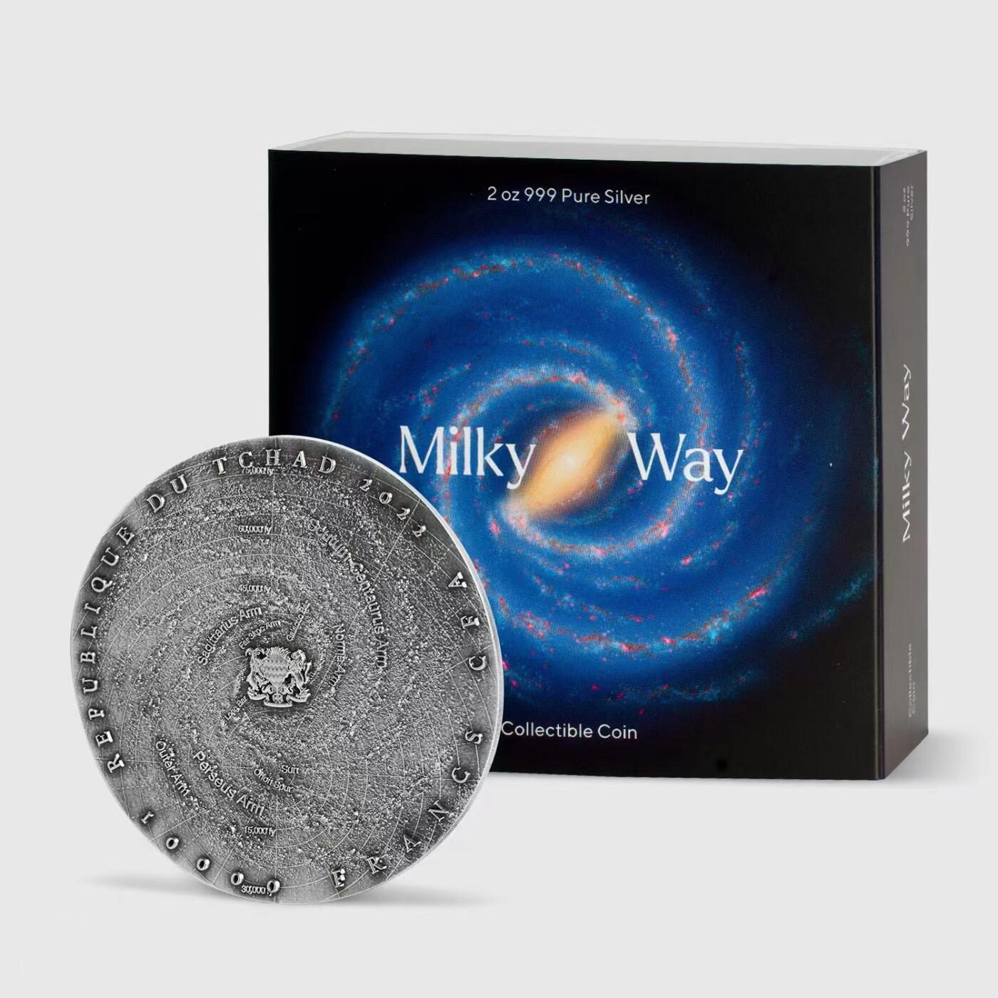 银河系 Milky Way  2022乍得发行 面值：10000中非法郎 材质：2oz银 发行量：500枚 直径：60mm  