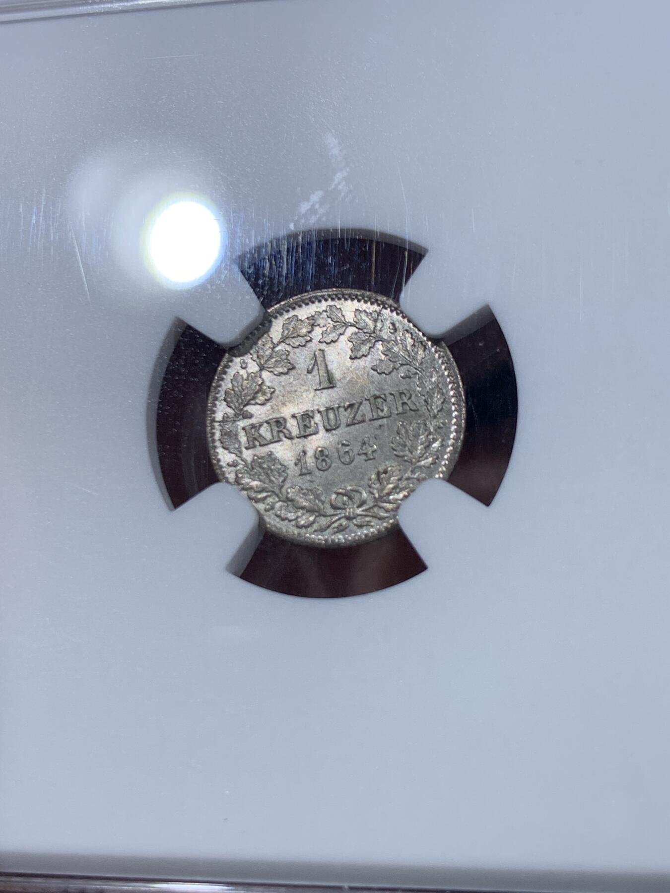 《竞宝斋》第435场 周日，周一2场连拍 （全场包邮） NGC MS64 德国巴伐利亚1864年1K银币