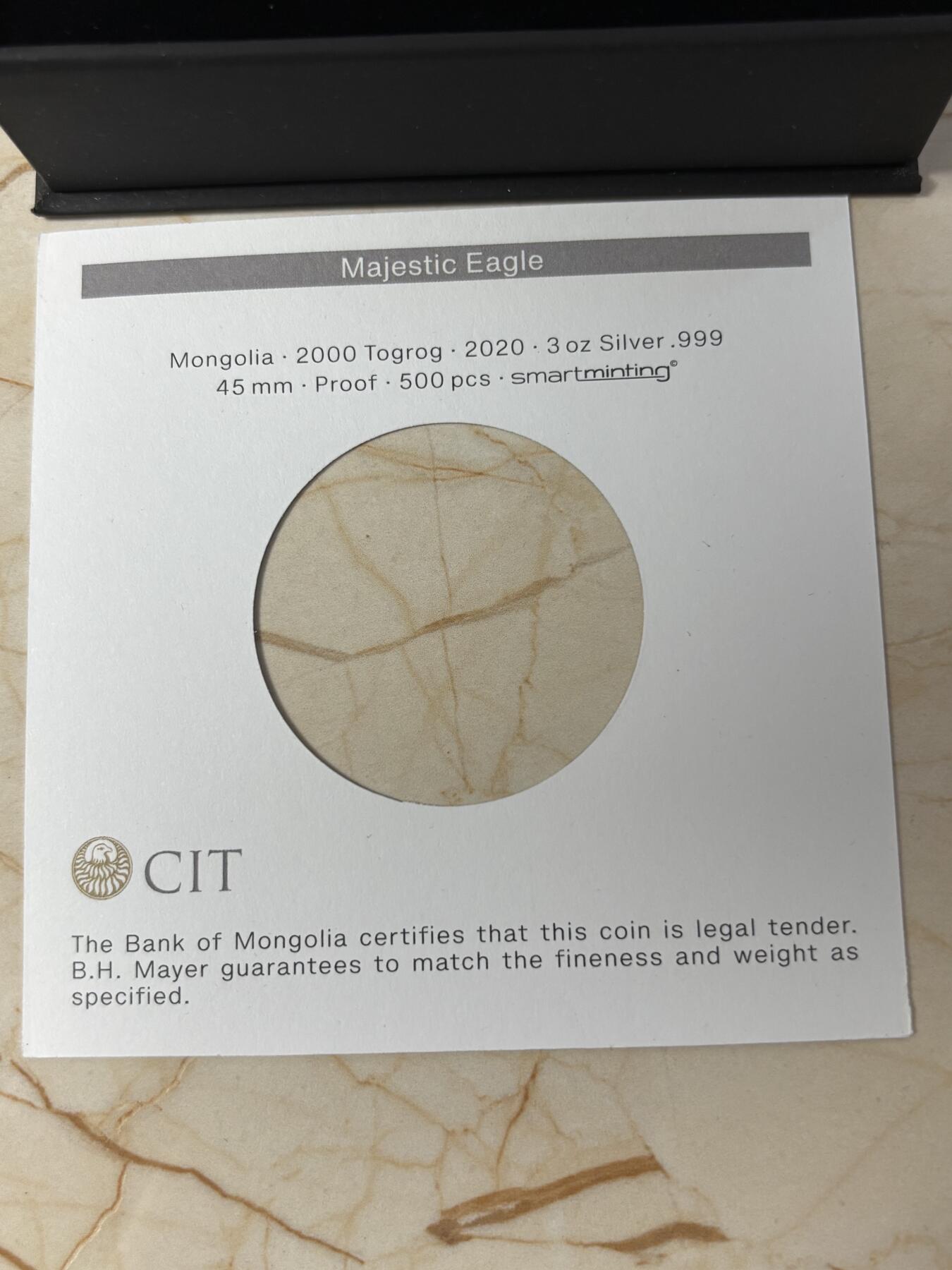 第181期拍卖 蒙古2020年雄鹰3盎司双面高浮雕精制纪念银币，999银，发行500枚