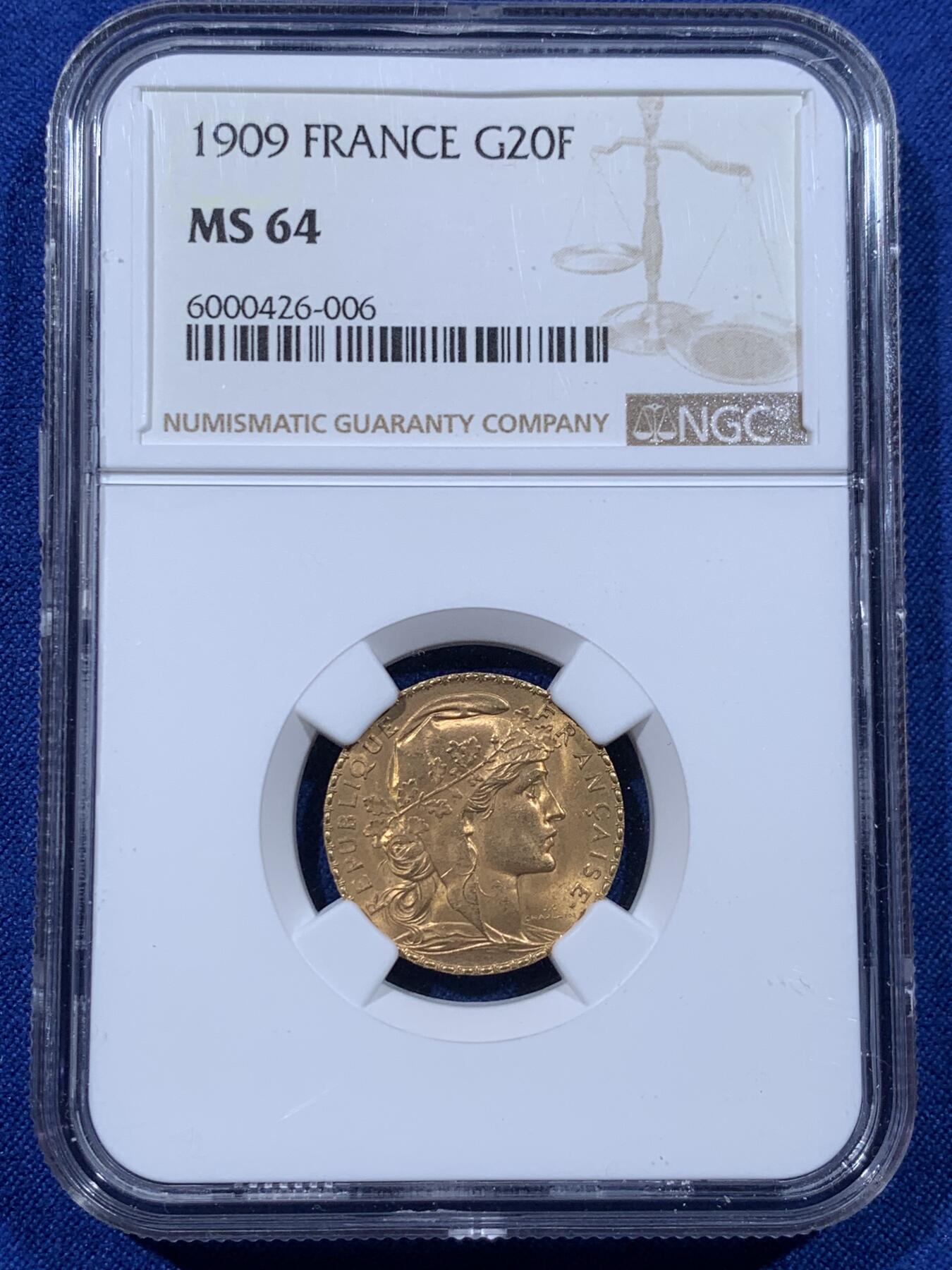 《竞宝斋》第435场 周日，周一2场连拍 （全场包邮） NGC MS64 法国第三共和国1909年玛丽安娜雄鸡20法郎流通金币 6.45克 900金