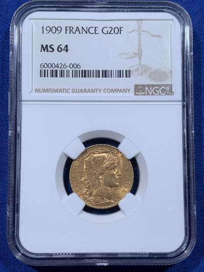 《竞宝斋》第435场 周日，周一2场连拍 （全场包邮） - NGC MS64 法国第三共和国1909年玛丽安娜雄鸡20法郎流通金币 6.45克 900金