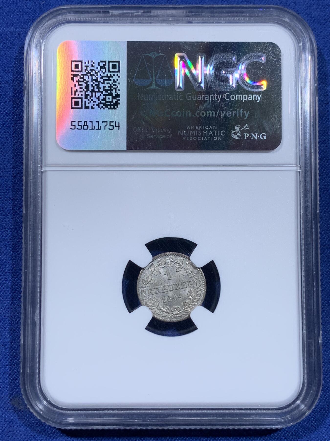 《竞宝斋》第435场 周日，周一2场连拍 （全场包邮） NGC MS64 德国巴伐利亚1864年1K银币