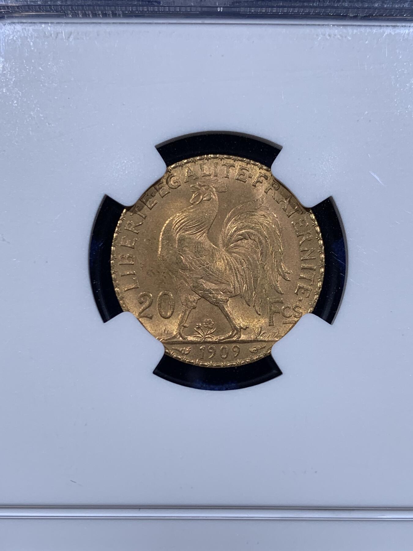 《竞宝斋》第435场 周日，周一2场连拍 （全场包邮） NGC MS64 法国第三共和国1909年玛丽安娜雄鸡20法郎流通金币 6.45克 900金