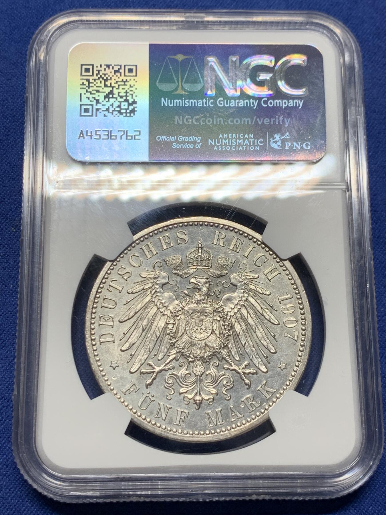 《竞宝斋》第435场 周日，周一2场连拍 （全场包邮） NGC UNCD 德国 巴登 1907年 佛里德里希逝世纪念 5马克银币 高点清晰 背板光不错