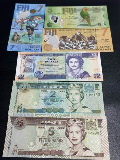 《外钞收藏家》第五百八十一期（畅拍场）（本平台长期征集拍品、欢迎藏友们联系合作） - 斐济几个版本五张+伯利兹女王一起 全新UNC