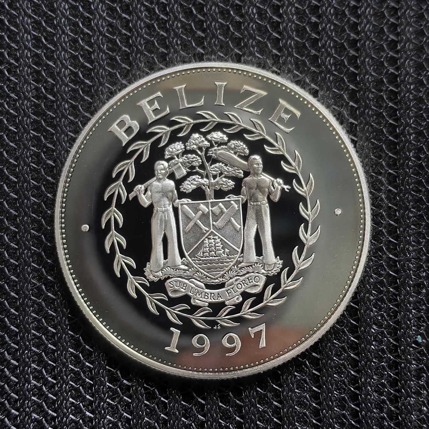 道一币馆币章第一百五十四场 伯利兹1997年伊丽莎白二世和菲利普亲王金婚50年5元镀金银币  28.28g 925S 