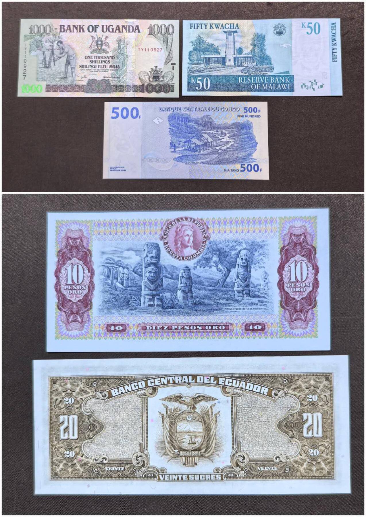 北京马甸外国币专卖第146期，外国纸币币专场，陆续上拍，欢迎关注 全新：民主刚果500法郎纸币 。马拉维50克瓦查 ，一共5张。哥伦比亚10。乌干达1000先令。厄瓜多尔20。