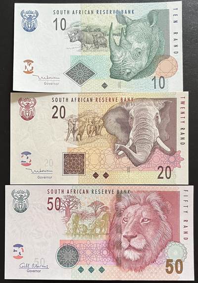 小福收藏拍卖第197期 裸钞场 本期有多张豹子号靓号 百慕大03年50元纪念钞百位号 马来亚和英属婆罗洲开国第一张纸币大冠女王 马来亚 41年1元英王乔六 法属太平洋10000法郎 捷克1000克朗纪念钞千位号  卢森堡 1000法郎  萨尔瓦多样钞 匈牙利 法罗群岛 危地马拉等多国精美纸币 - 南非 2005年 10兰特 乱蛇号+20兰特 无47 双尾+2010年 50兰特 双尾 1组3张 unc