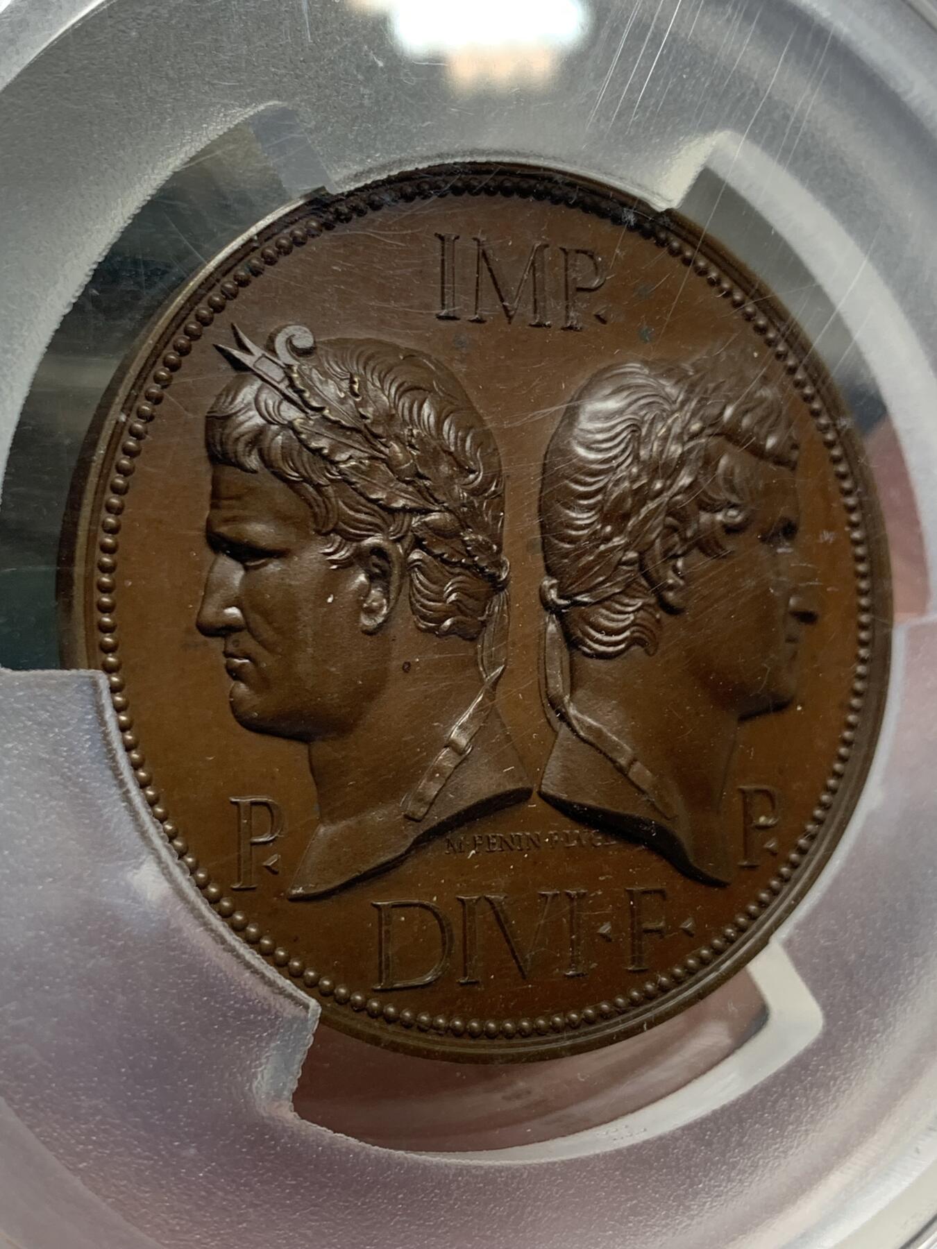 《竞宝斋》第435场 周日，周一2场连拍 （全场包邮） 冠军分 PCGS SP65 法国 1844年 法国NEM大学科学院会议 加大加厚盒大铜章，巧克力包浆，高浮雕，名家作品，赏心悦目，不可多得