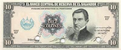 小福收藏拍卖第197期 裸钞场 本期有多张豹子号靓号 百慕大03年50元纪念钞百位号 马来亚和英属婆罗洲开国第一张纸币大冠女王 马来亚 41年1元英王乔六 法属太平洋10000法郎 捷克1000克朗纪念钞千位号  卢森堡 1000法郎  萨尔瓦多样钞 匈牙利 法罗群岛 危地马拉等多国精美纸币 - 萨尔瓦多 1977年 10科朗 样钞 unc