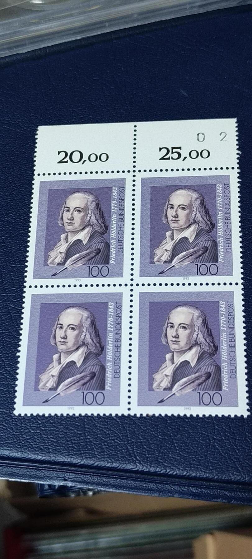 德国邮票专场，都是四方联人物题材 德国邮票四方联一张，1993年发行，诗人  霍尔德令逝世150周年  。品相如图