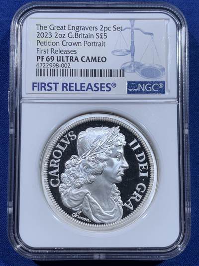 《竞宝斋》第435场 周日，周一2场连拍 （全场包邮） - NGC PF69UC 英国 2023年 发行伟大的雕刻师西蒙请愿克朗5英镑精制纪念银币国王币 2盎司银币 加厚盒装