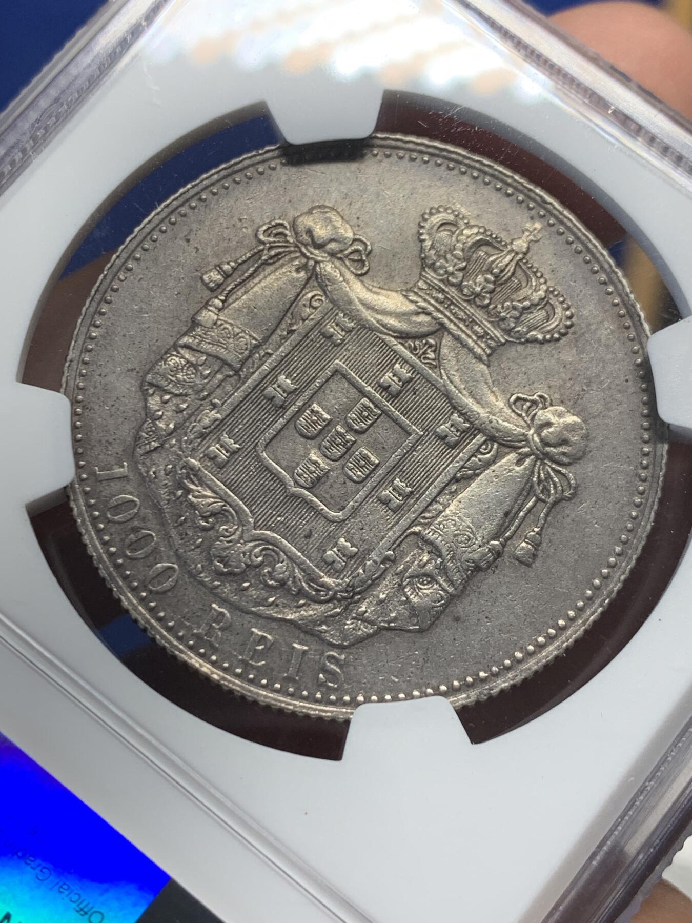 《竞宝斋》第435场 周日，周一2场连拍 （全场包邮） NGC AU50 葡萄牙 1899年 卡洛斯一世 1000瑞斯大银币 背面大窗帘设计精美