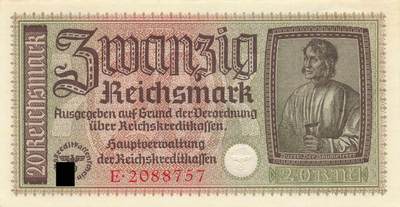 小福收藏拍卖第197期 裸钞场 本期有多张豹子号靓号 百慕大03年50元纪念钞百位号 马来亚和英属婆罗洲开国第一张纸币大冠女王 马来亚 41年1元英王乔六 法属太平洋10000法郎 捷克1000克朗纪念钞千位号  卢森堡 1000法郎  萨尔瓦多样钞 匈牙利 法罗群岛 危地马拉等多国精美纸币 - 德国 1940-45年 20马克 unc