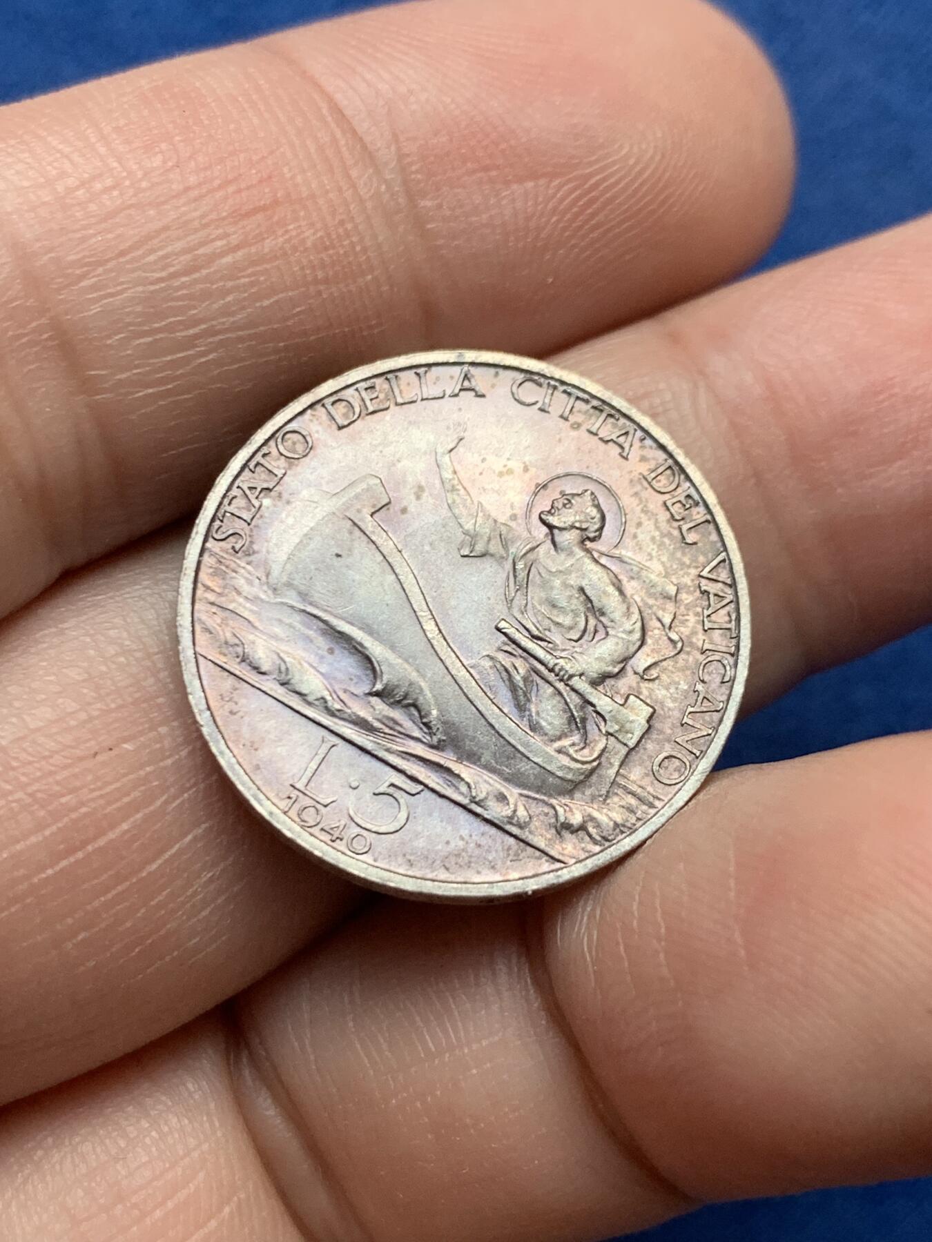 《竞宝斋》第435场 周日，周一2场连拍 （全场包邮） 1940年意大利梵蒂冈庇护十二世5里拉银币 稀少年份。