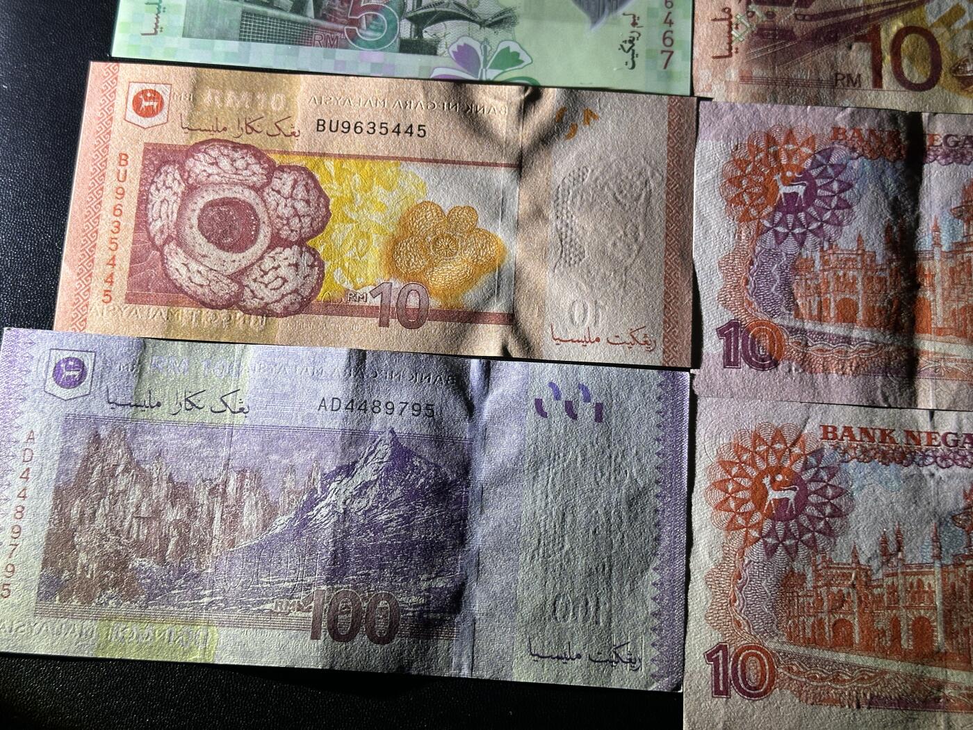 《外钞收藏家》第五百八十一期（畅拍场）（本平台长期征集拍品、欢迎藏友们联系合作） 马来西亚几个版本1-100林吉特10张一起 大部分全新 个别有瑕疵如图