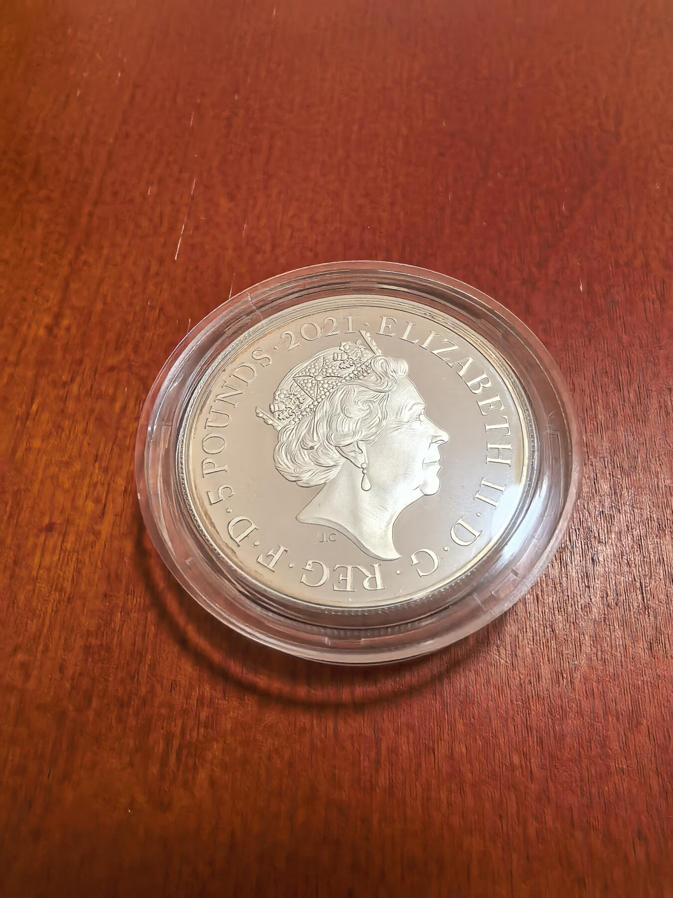 长老汇蛇年精选第七十场拍卖 2021英国爱丁堡公爵菲利普亲王逝世5英镑精制加厚银币，56.56克925银，盒证全，1750枚