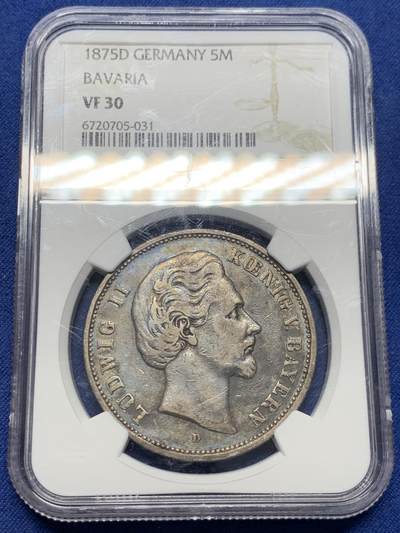 《竞宝斋》第435场 周日，周一2场连拍 （全场包邮） - NGC VF30 德国 1875D 5马克 巴伐利亚短翅版路德维希二世 稀少年份 总量656751枚 高分得上万