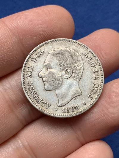 《竞宝斋》第435场 周日，周一2场连拍 （全场包邮） - 西班牙1883年阿方索十二世2比塞塔小双柱银币