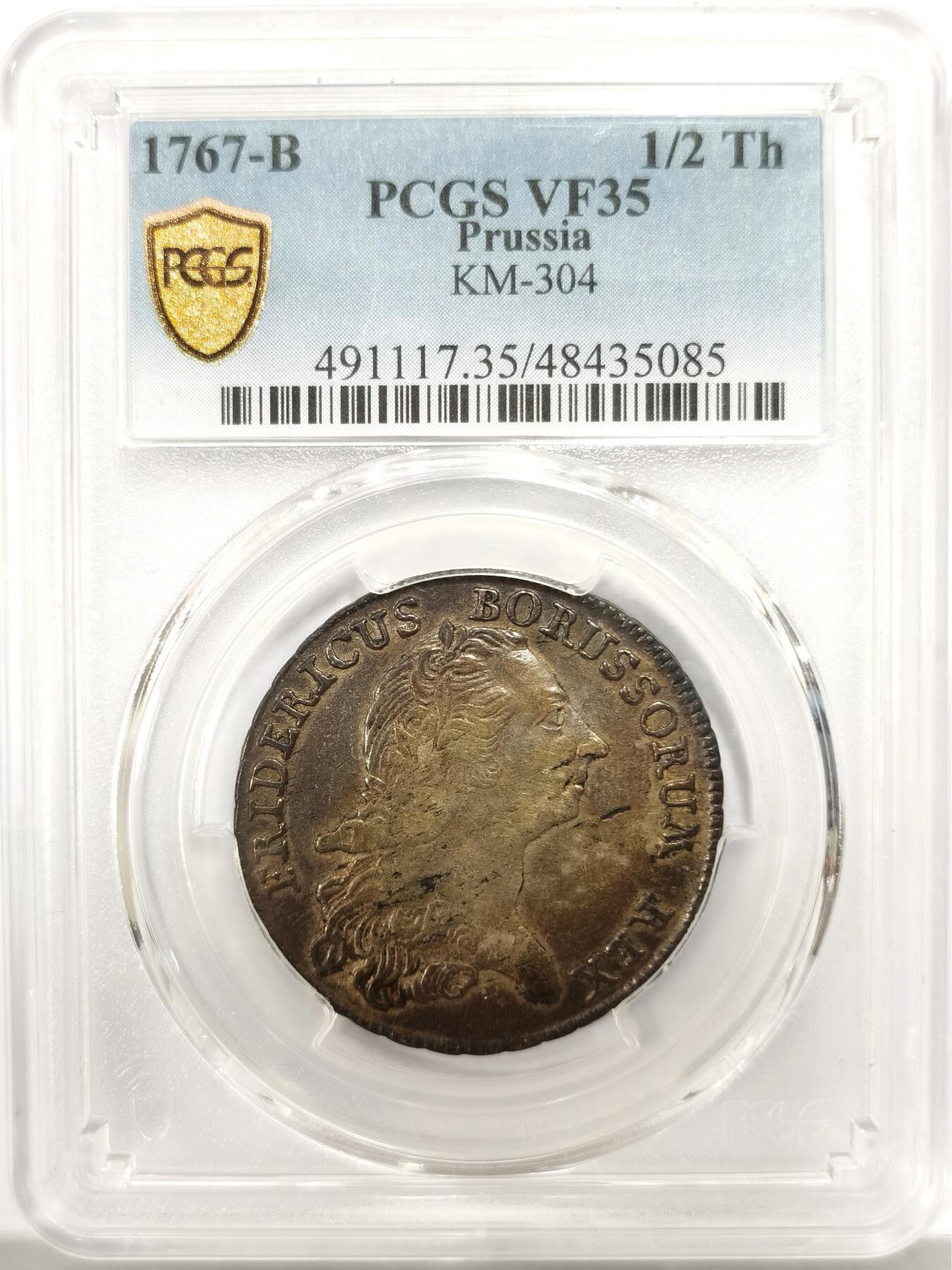 博洋堂“物美丰成”11月精品专场暨第145期（全场包邮） PCGS VF35 德国普鲁士1767年腓特烈大帝大炮王冠鹰1/2泰勒银币，非常少见，唯一冠军分！盒子背面左上角卡槽有一小磕