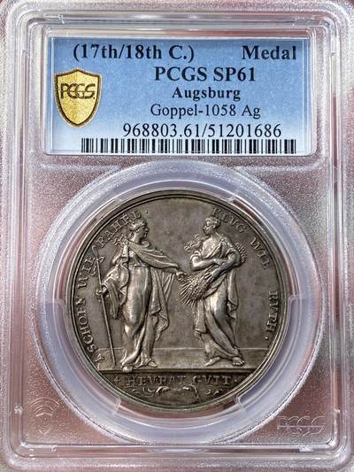 万国钱币拍卖第054期 - PCGS SP61 17世纪末18世纪初德国奥格斯堡女性美德纪念大银章 高浮雕帝国古典艺术系列 罕见品种38MM