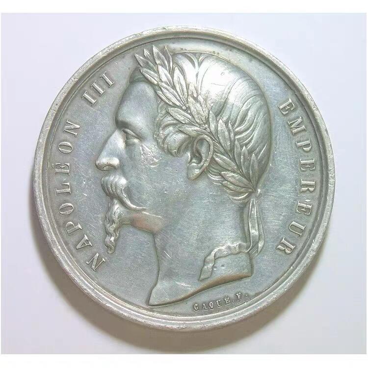 法国1859年 拿破仑三世高浮雕精制大镀银章 50MM