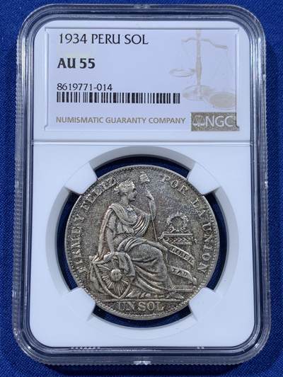 《竞宝斋》第435场 周日，周一2场连拍 （全场包邮） - NGC AU55 秘鲁1934年一索尔坐人银币，淡彩美品，好状态。