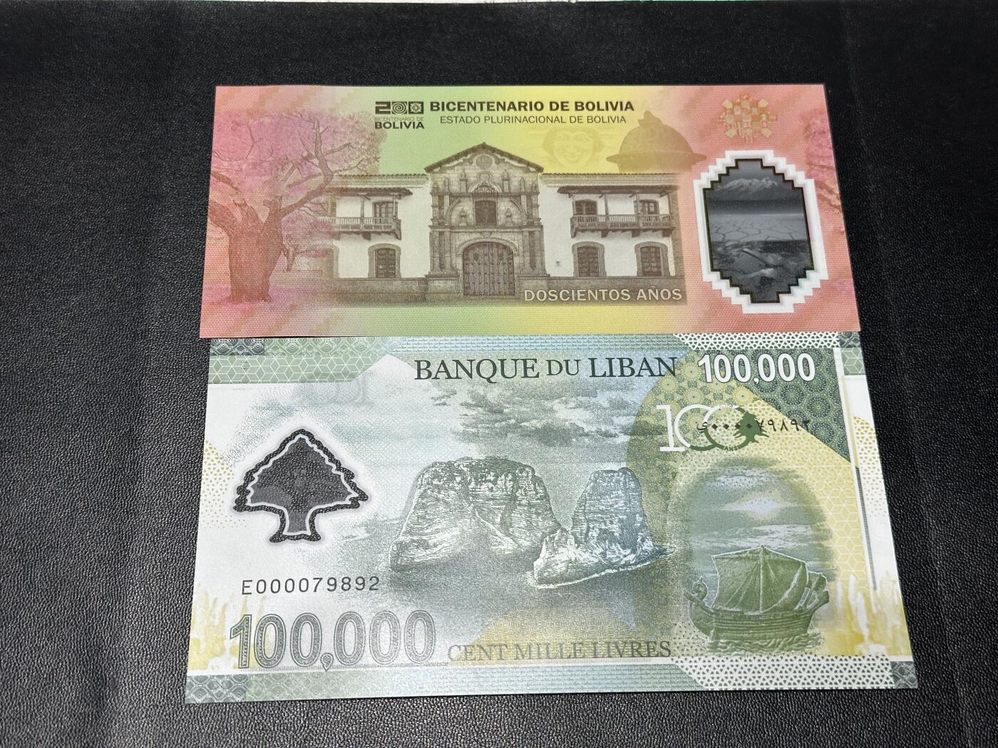 《外钞收藏家》第五百八十一期（畅拍场）（本平台长期征集拍品、欢迎藏友们联系合作） 玻利维亚塑料纪念券+黎巴嫩100000列弗塑料钞 UNC，两枚
