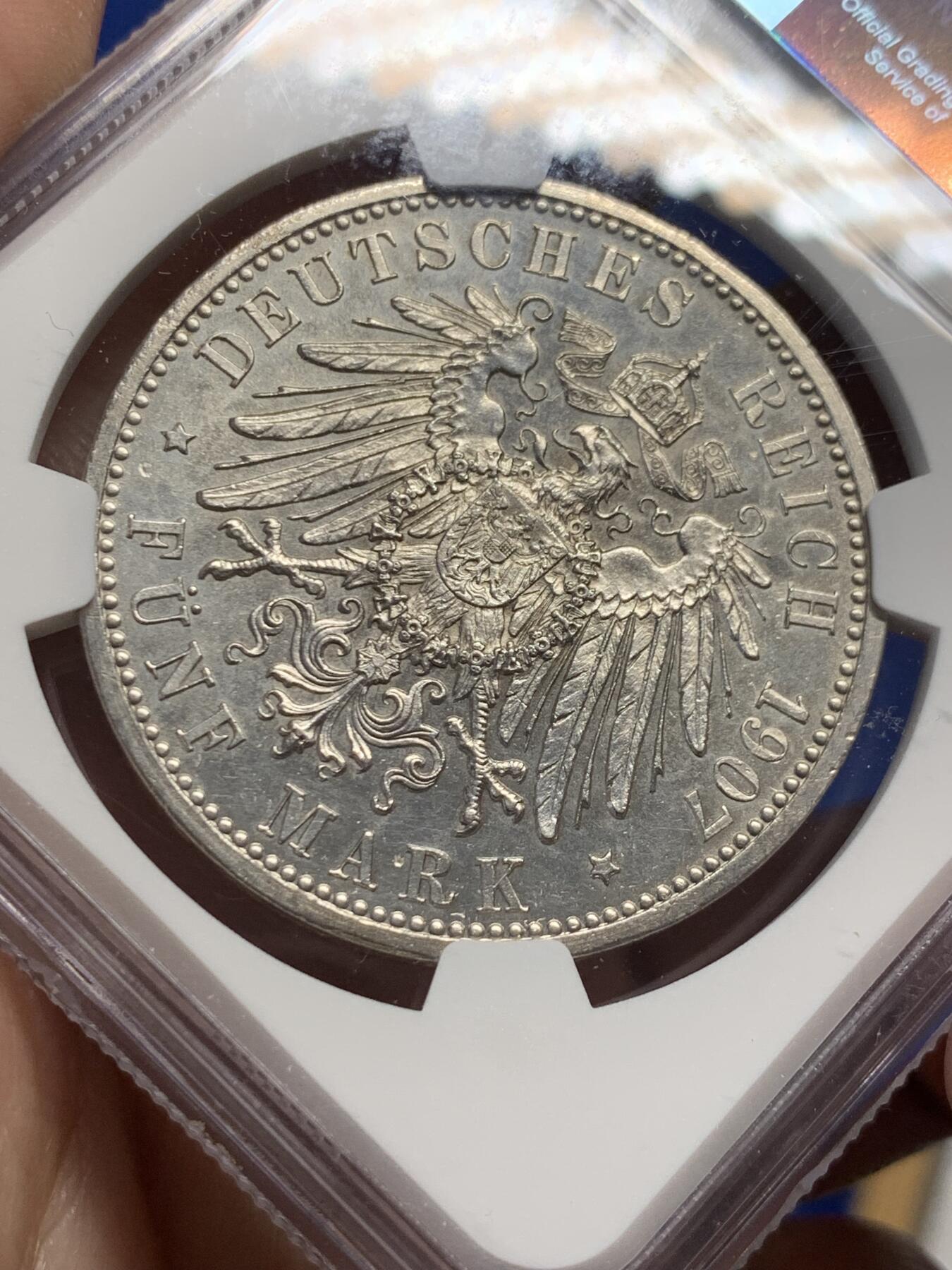 《竞宝斋》第435场 周日，周一2场连拍 （全场包邮） NGC UNCD 德国 巴登 1907年 佛里德里希逝世纪念 5马克银币 高点清晰 背板光不错