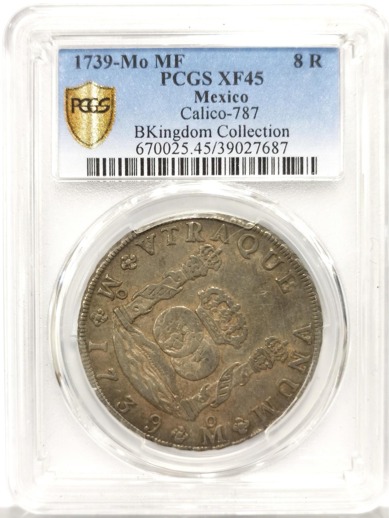 博洋堂“物美丰成”11月精品专场暨第145期（全场包邮） PCGS XF45 西属墨西哥1739年MO MF菲利普五世地球双柱大银币，早期菲五少见，极品包浆状态，同分中的佼佼者，更有名家旧藏加持，不可多得的一枚收藏级地球