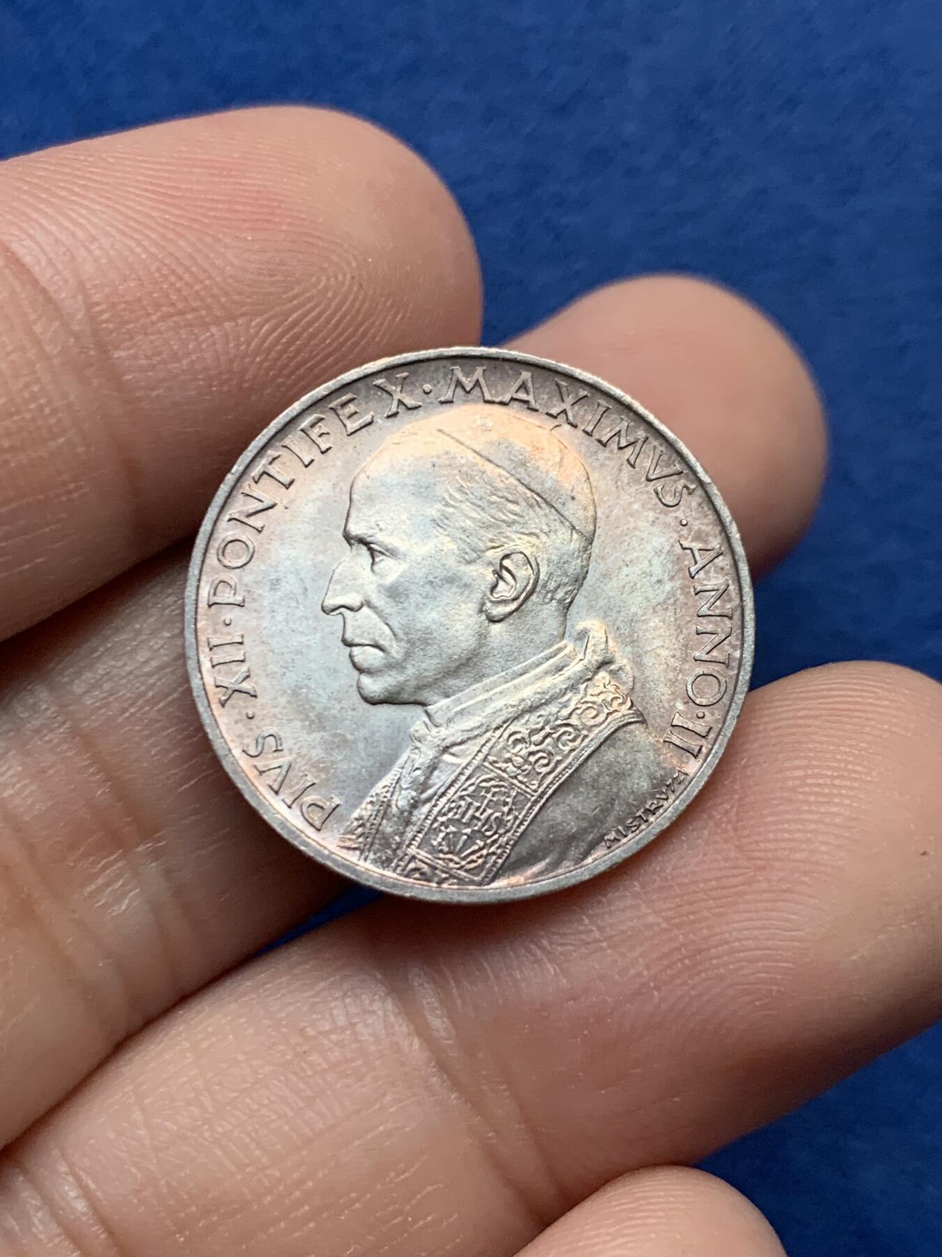 《竞宝斋》第435场 周日，周一2场连拍 （全场包邮） 1940年意大利梵蒂冈庇护十二世5里拉银币 稀少年份。