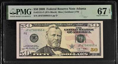 《外钞收藏家》第五百八十一期（畅拍场）（本平台长期征集拍品、欢迎藏友们联系合作） - 2009年 50美元 彩色版 号码无4 AABB尾数9955 联储分区F亚特兰大首发A冠 PMG67EPQ