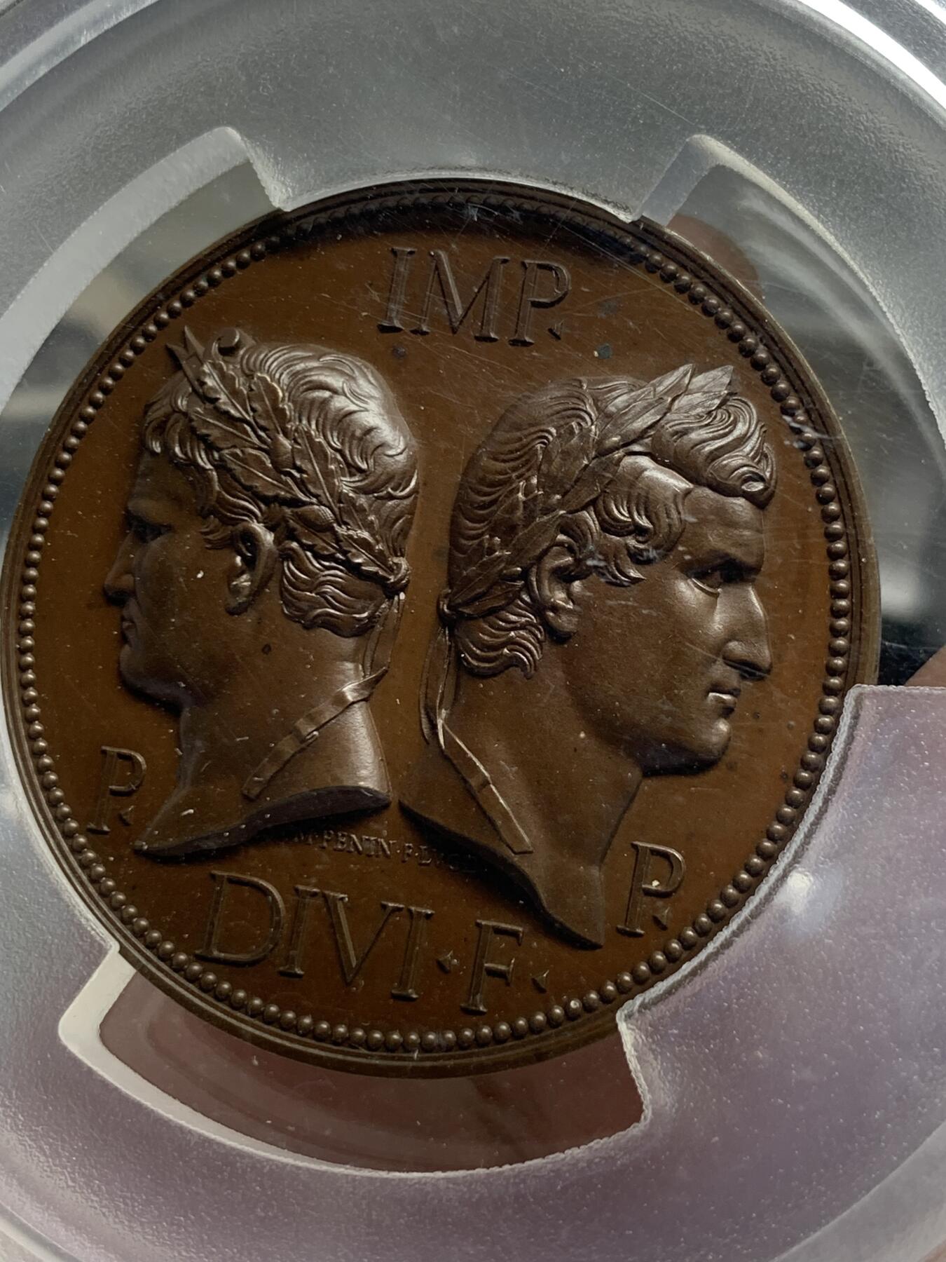 《竞宝斋》第435场 周日，周一2场连拍 （全场包邮） 冠军分 PCGS SP65 法国 1844年 法国NEM大学科学院会议 加大加厚盒大铜章，巧克力包浆，高浮雕，名家作品，赏心悦目，不可多得