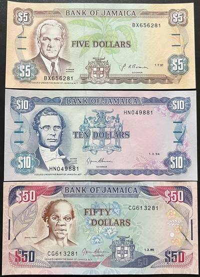 小福收藏拍卖第197期 裸钞场 本期有多张豹子号靓号 百慕大03年50元纪念钞百位号 马来亚和英属婆罗洲开国第一张纸币大冠女王 马来亚 41年1元英王乔六 法属太平洋10000法郎 捷克1000克朗纪念钞千位号  卢森堡 1000法郎  萨尔瓦多样钞 匈牙利 法罗群岛 危地马拉等多国精美纸币 - 牙买加 1985-1999年 5 10 50元 尾2同 1组3张 unc