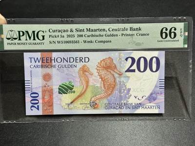 《外钞收藏家》第五百八十一期（畅拍场）（本平台长期征集拍品、欢迎藏友们联系合作） - 2025年最新版库拉索与圣马丁200加勒比盾纸币 无47靓号 PMG66尾561