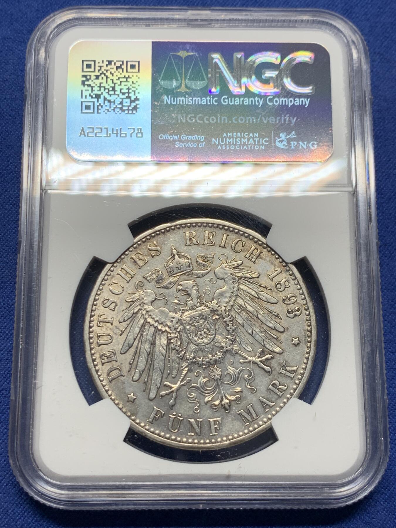 《竞宝斋》第435场 周日，周一2场连拍 （全场包邮） NGC AUD 德国 巴伐利亚 1893年 奥托一世 5马克 银币